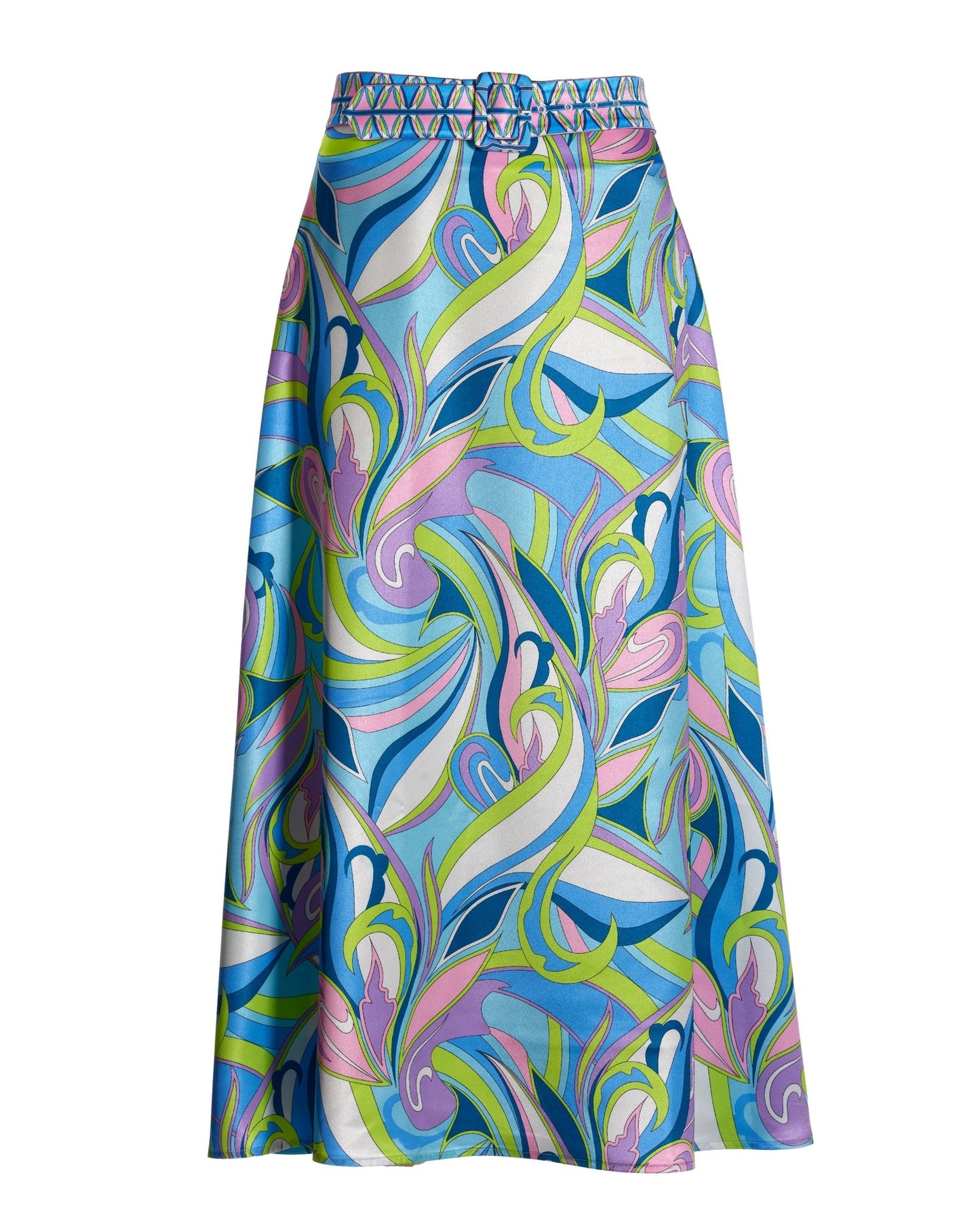 Abigail Abstract Print Charmeuse Belted Midi Skirt Multi