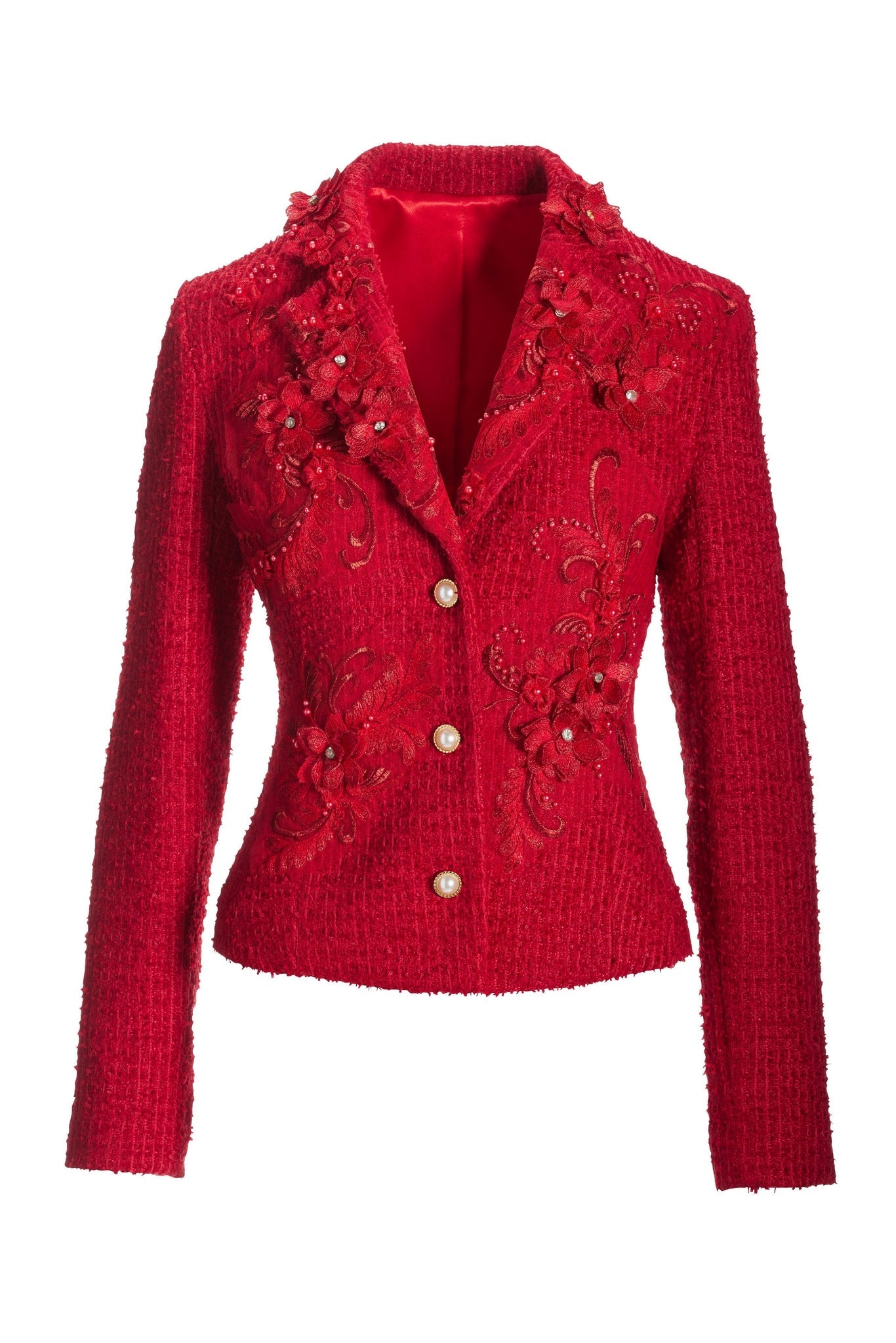 3D Floral Applique Tweed Jacket Jester Red