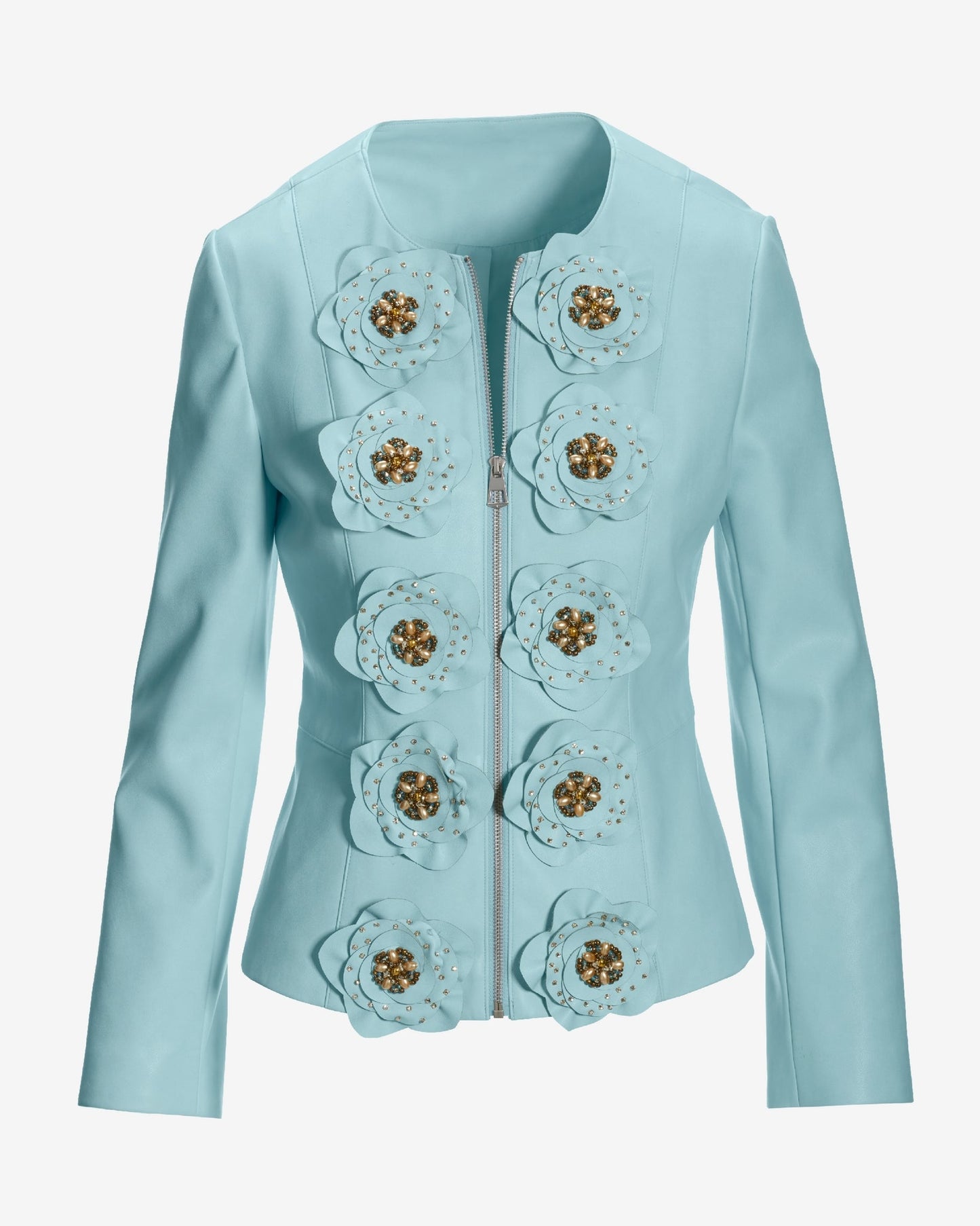 3D Rosette Embellished Faux Leather Zip Up Jacket Blue