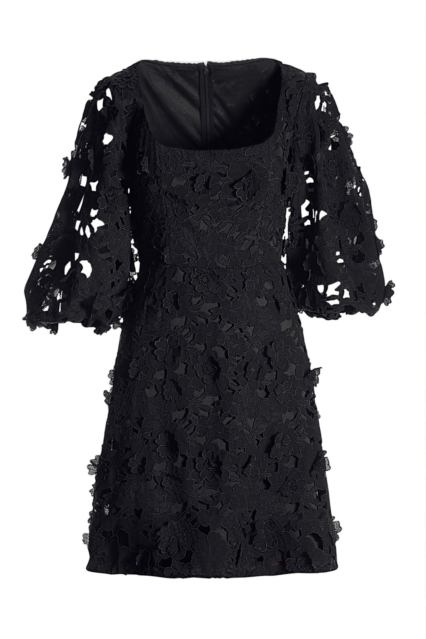 3D Lace Puff Sleeve Dress Black